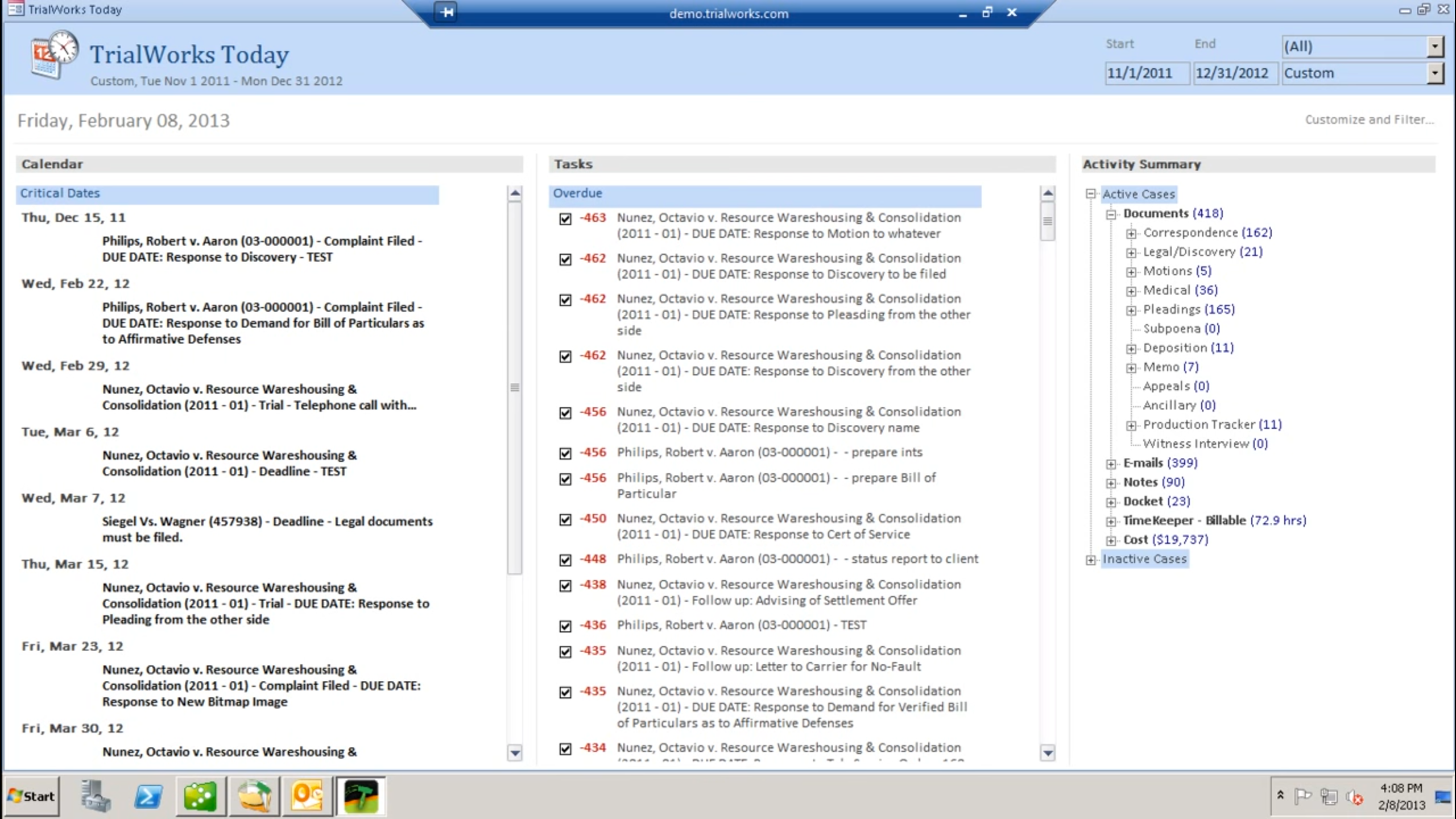TrialWorks Software - The TrialWorks Today tab provide a home summary of critical calendar dates, a task checklist and recap of recent activities