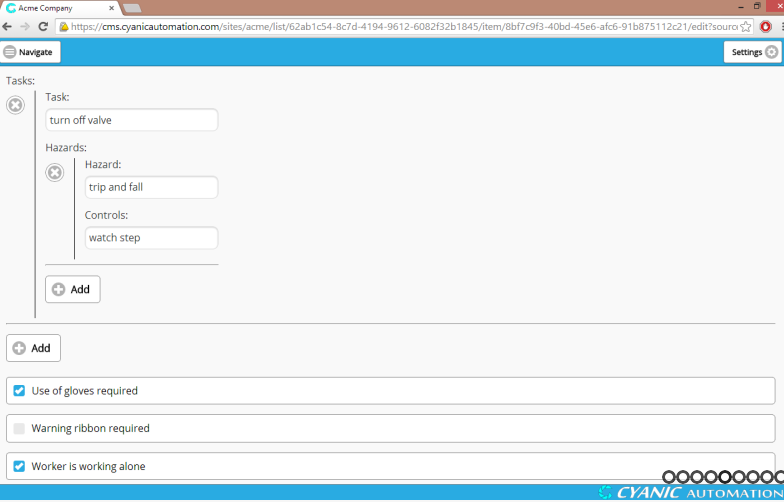 Cyanic HSE screenshot: Add and delete tasks, controls and hazards in the Cyanic HSE system
