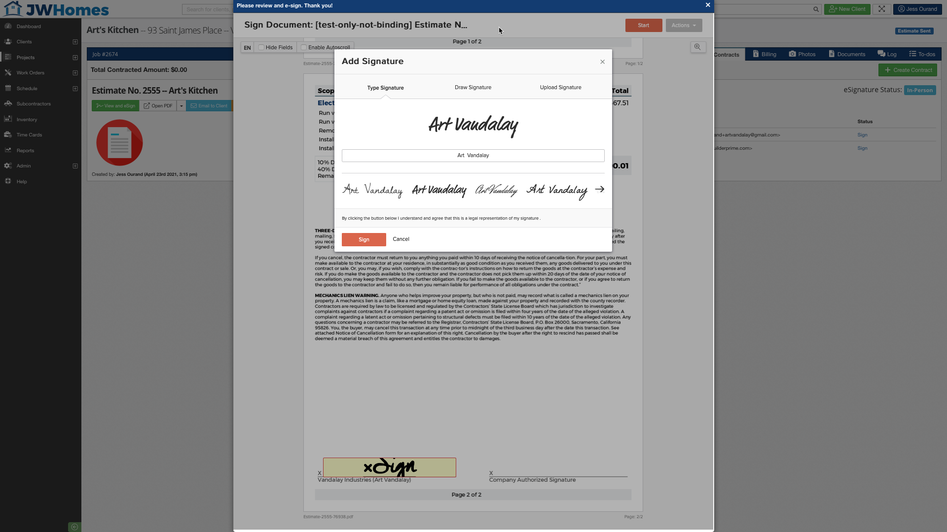 Builder Prime Software - Use the included, seamless eSignatures to sign contracts and proposals with ease.