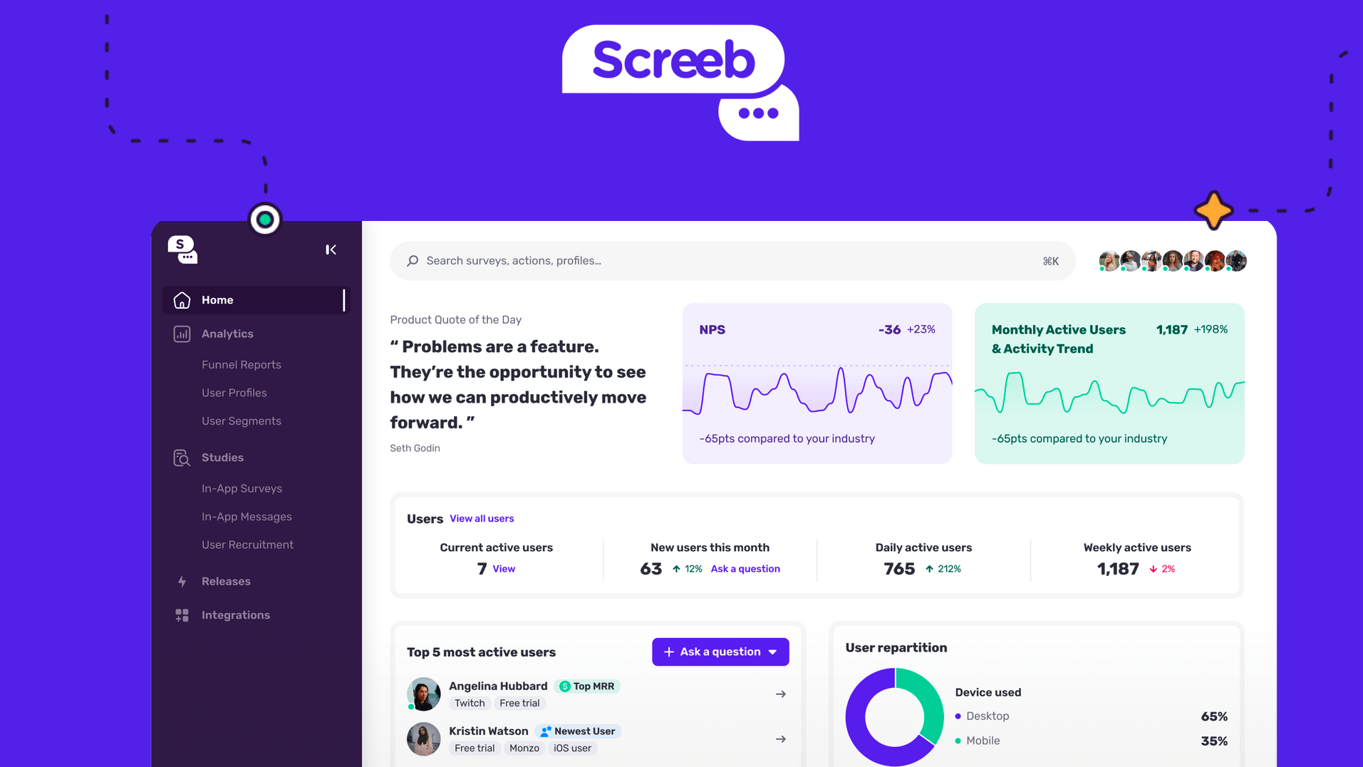 Screeb screenshot: Screeb combines product analytics, in-app surveys, offering CX,Product,Marketing Teams the ultimate toolkit to consistently deliver better experiences.