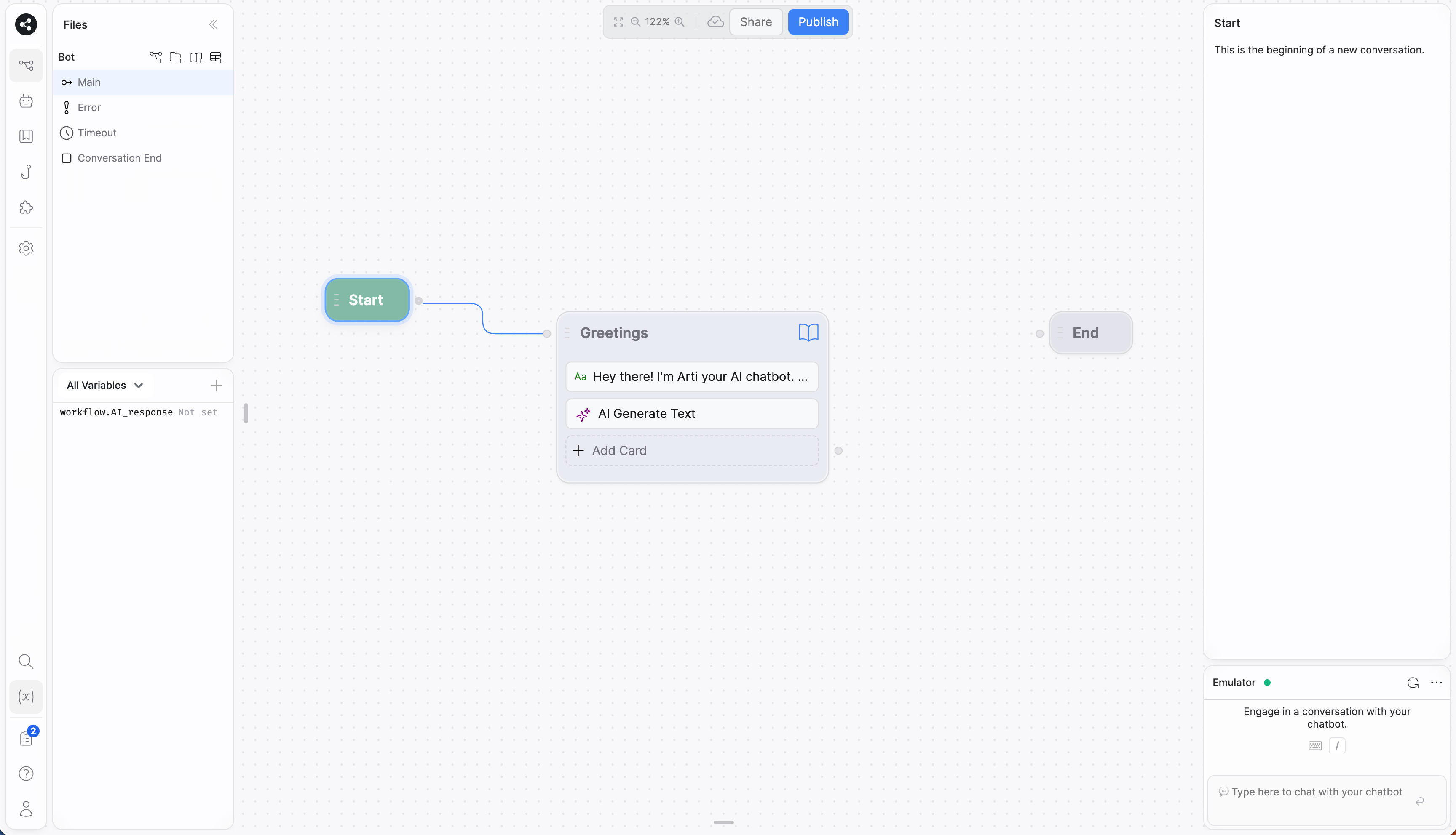 Botpress screenshot: Design your conversations with a visual drag and drop editor