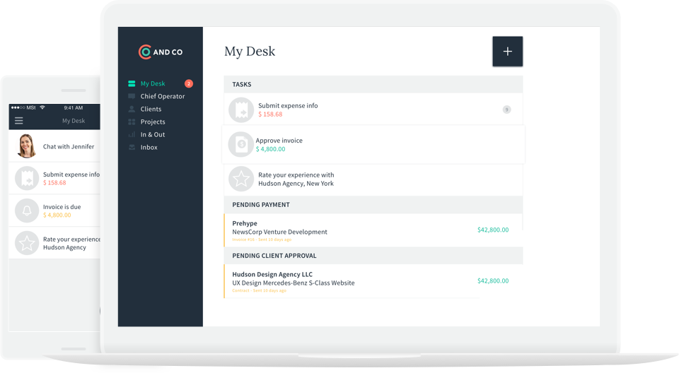 The cloud-based system features a "My Desk" home tab for quickly viewing tasks, pending payments and client approvals