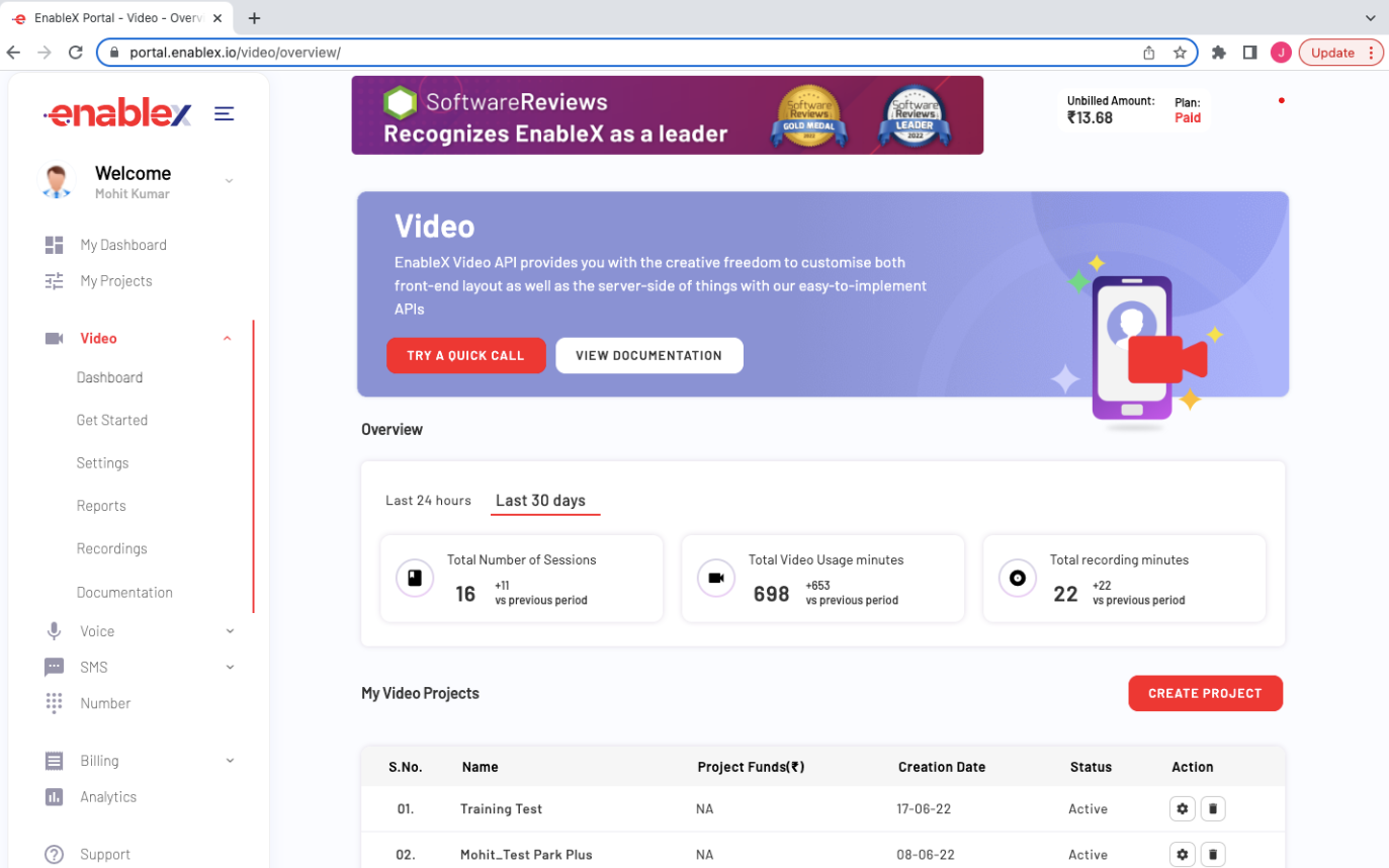 Video Dashboard - A screenshot of Video services and self-service configurations.