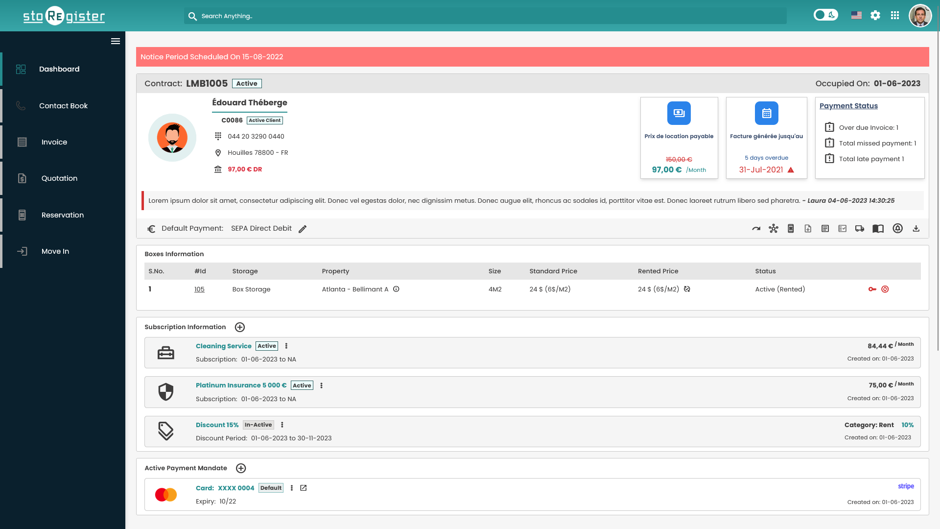 StoRegister Software - A detailed view of a particular tenant's lease details.