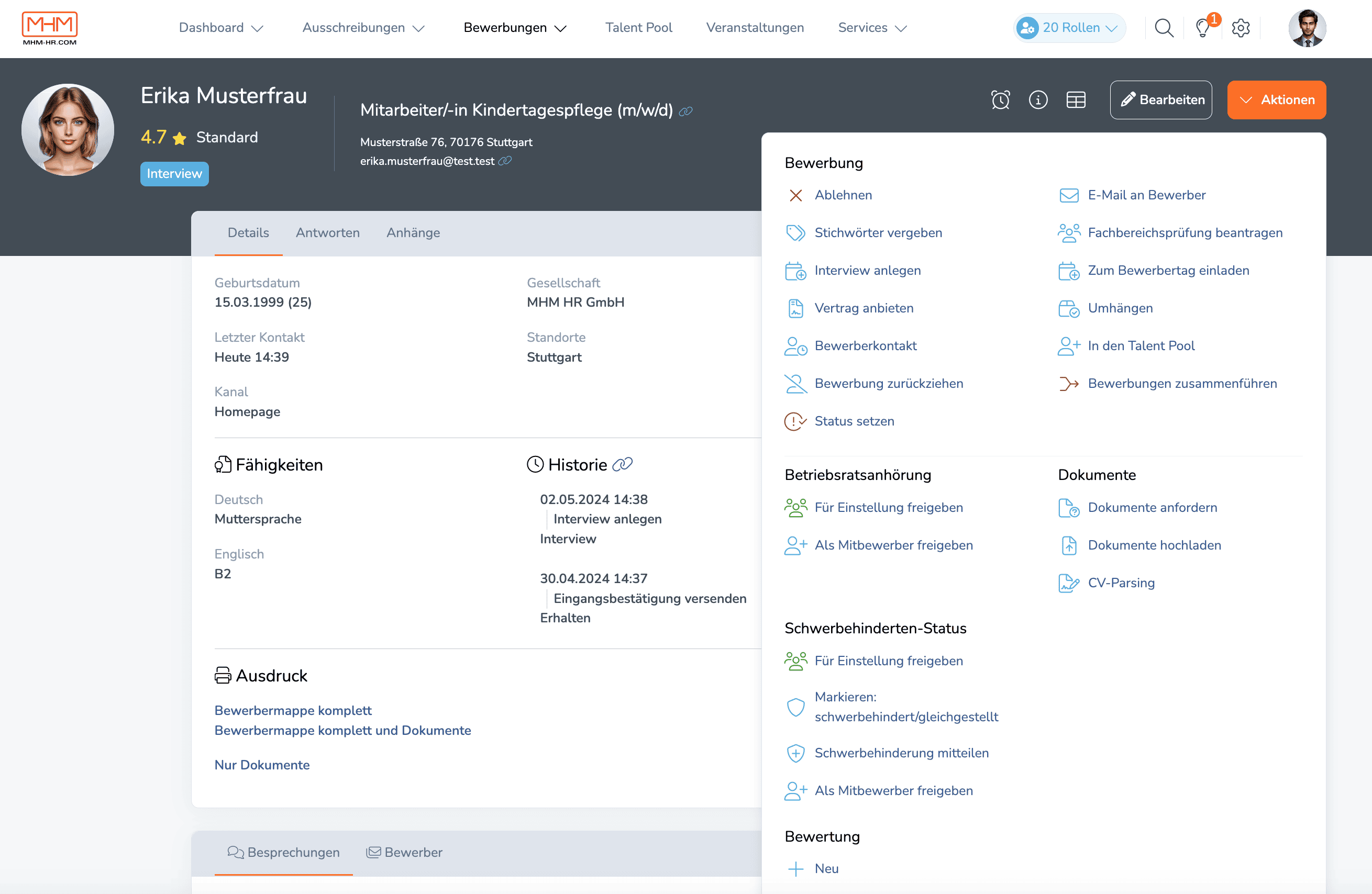 MHMeRECRUITING screenshot: Detailansicht Bewerbung