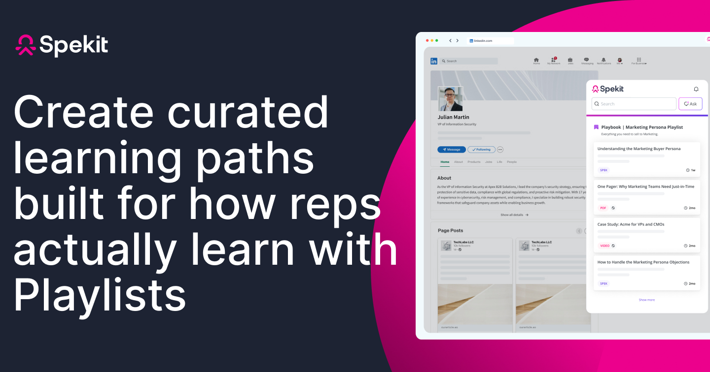 Spekit Software - Bring structure, flexibility, and impact to your enablement content with agile playlists that guide reps through purposeful learning journeys without the friction of rigid folders or static systems.
