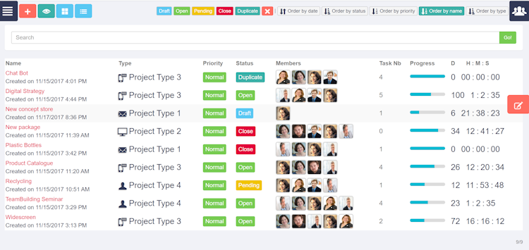 SocialJsProject screenshot: Check project type, priority level and status