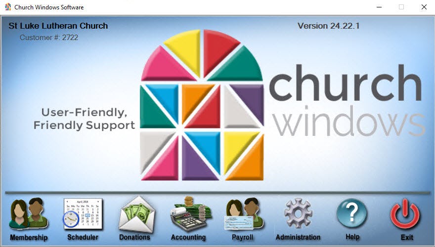 Church Windows Software - Church Windows Opening screen.  Membership, Scheduler, Donations, Accounting, and Payroll Modules available.