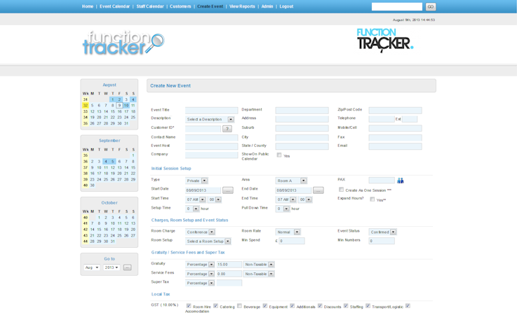 Function Tracker screenshot: Add event details and manage room hire types and charges