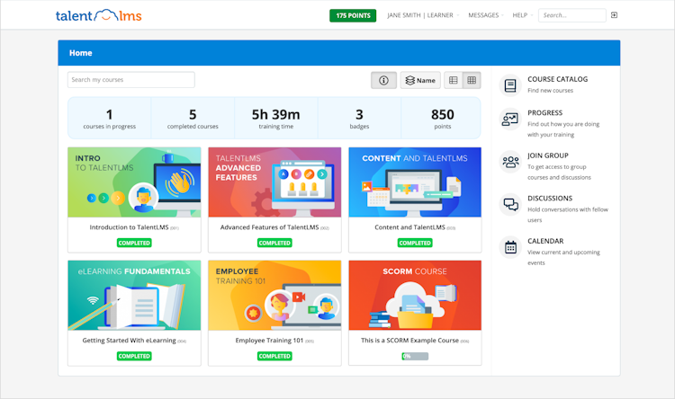 TalentLMS screenshot: TalentLMS Learner home page featuring courses and course status