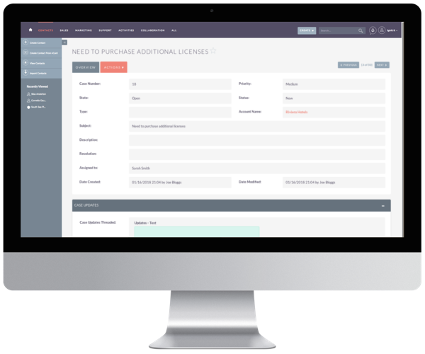 SuiteCRM Software - Customer support issues can be managed in the Cases module where staff can manage interactions, provide support, and manage tasks
