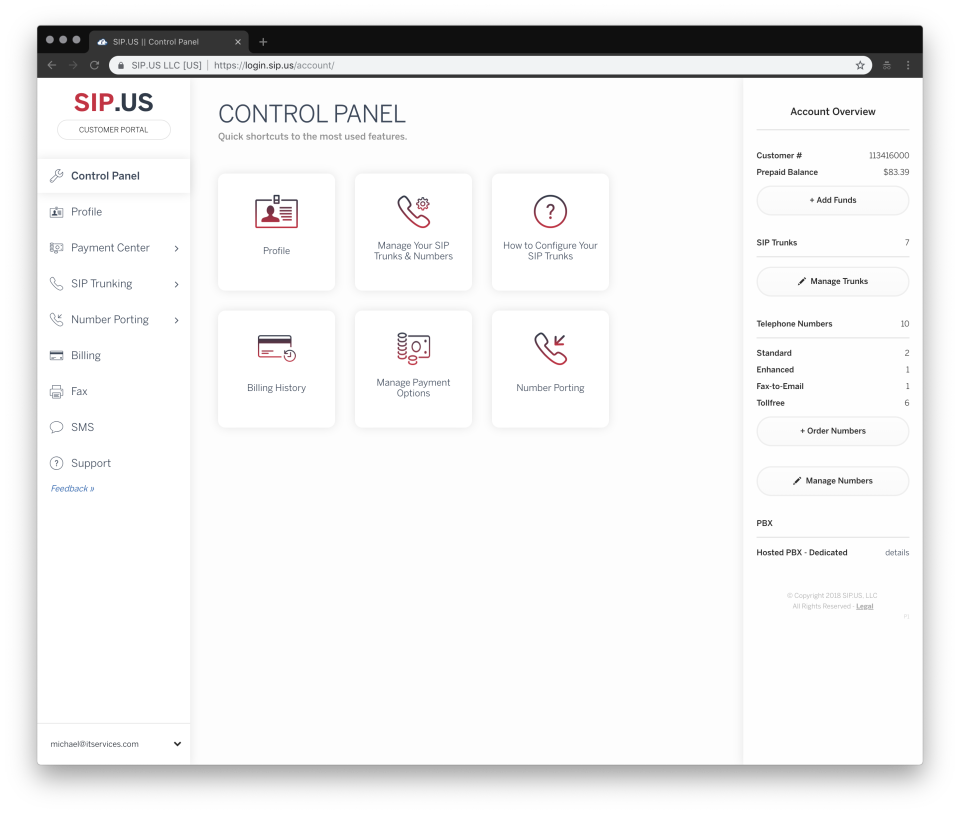 SIPTRUNK.com screenshot: The dashboard allows users to manage SIP trunks, numbers, payment options, and more