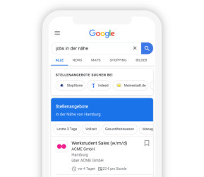 If you type "Jobs near me" in the Google search bar, the Google for Jobs Window opens right away. SEO for Jobs offers a solution so that your job ads also appear directly on Google.