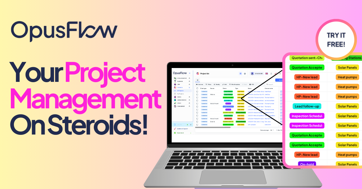 OpusFlow screenshot: Planning with drag-and-drop scheduling for teams and installations

Project Management uniting tasks, communication, photos, and milestones

Time Registration for accurate hour tracking across technicians and projects