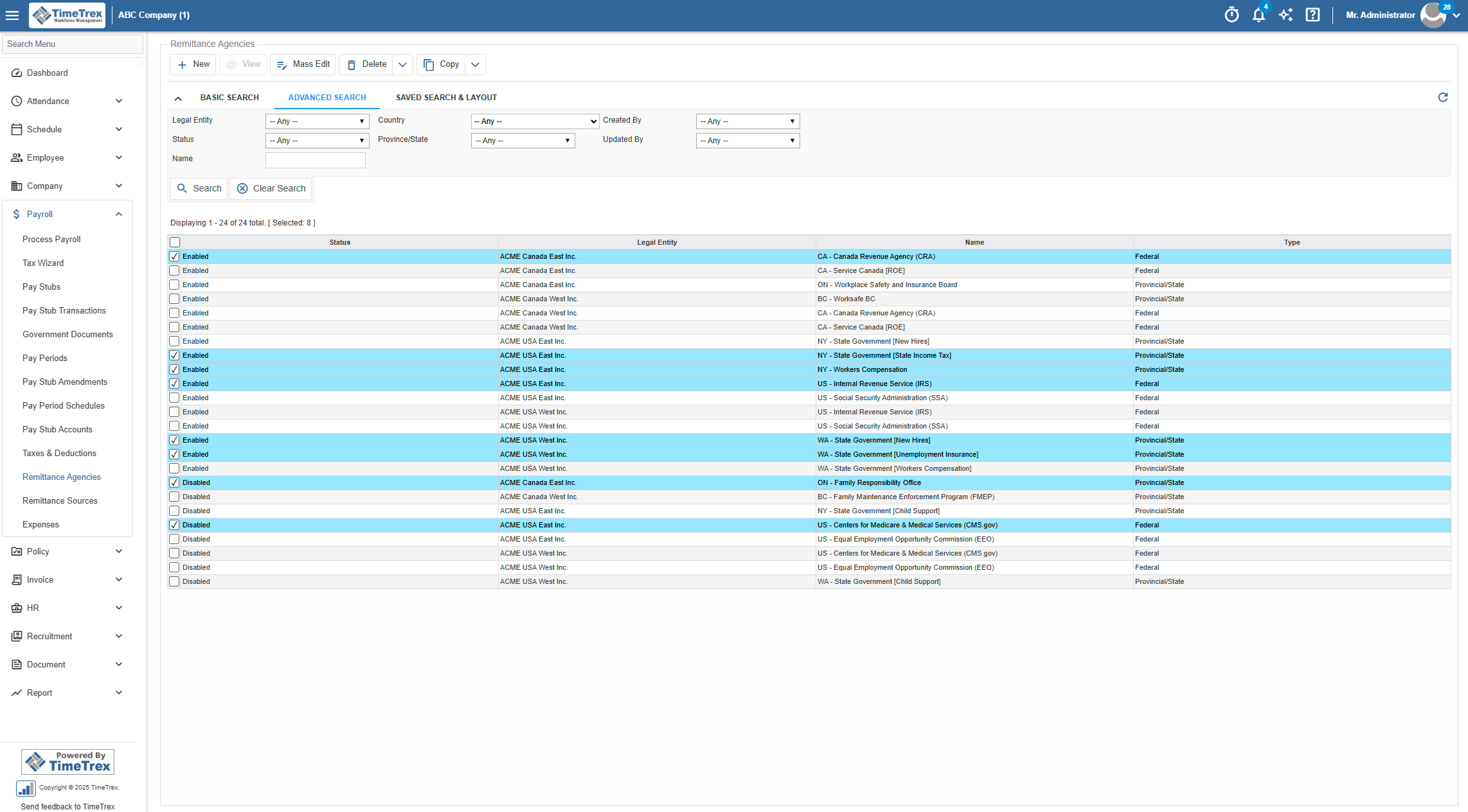 TimeTrex Software - Payroll Remittance Sources Advanced Search