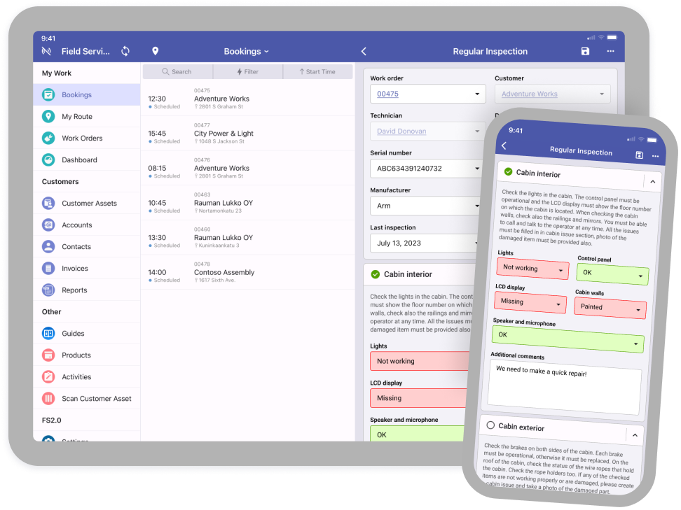 Resco Field Service+ screenshot: Resco Field Service bookings and inspections