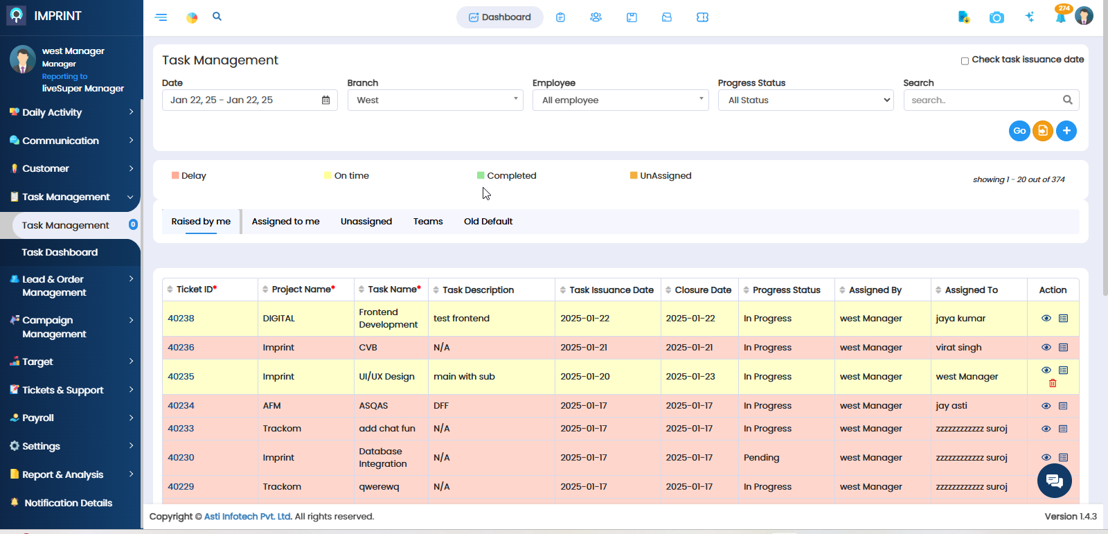 IMPRINT Software - A clean and intuitive dashboard displaying key performance metrics such as task completion rates, employee check-ins, and live location tracking on an interactive map. The interface is designed for easy navigation with real-time data updates.