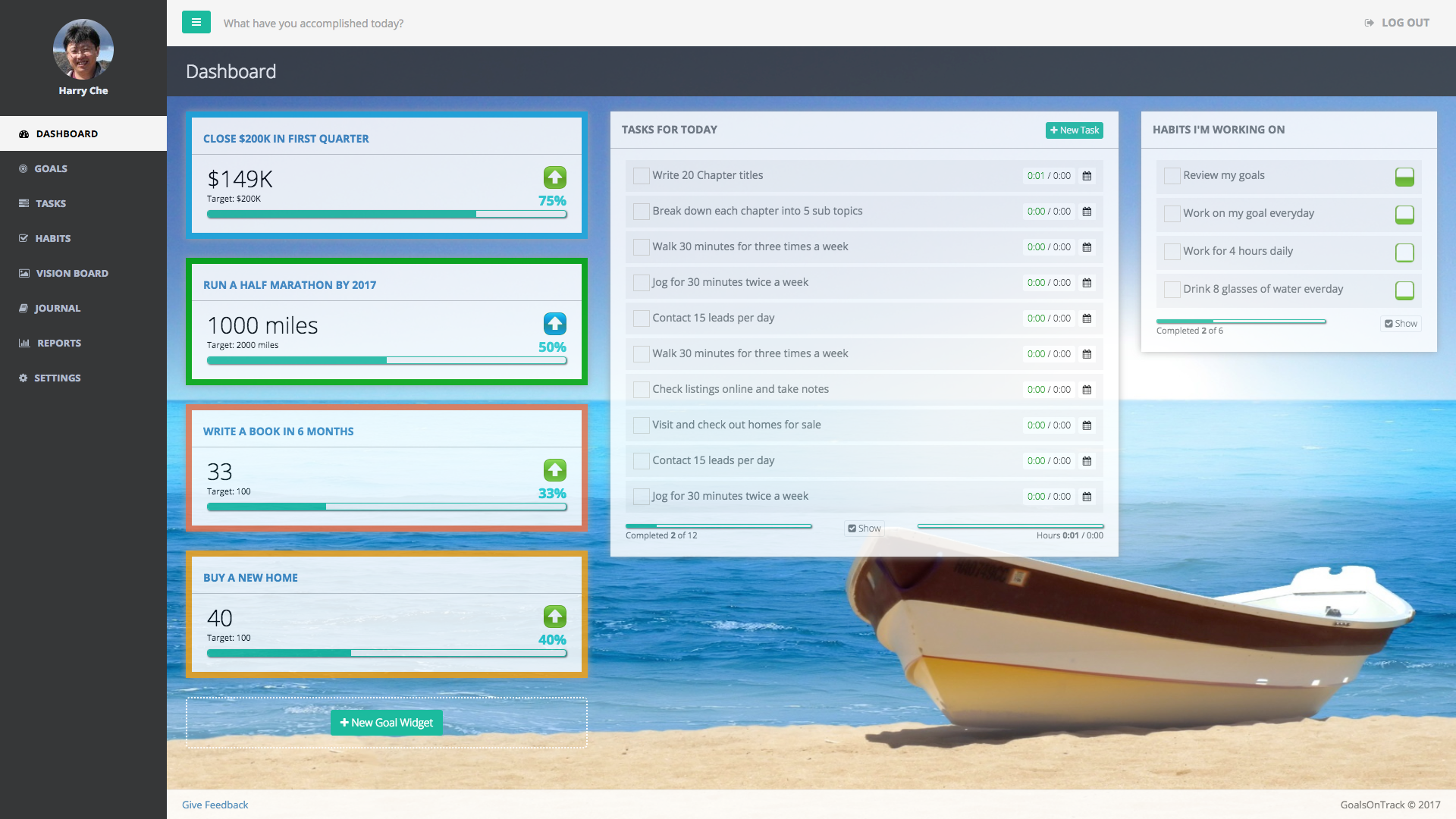 GoalsOnTrack screenshot: Users can view their daily tasks and goal progress from the goal dashboard