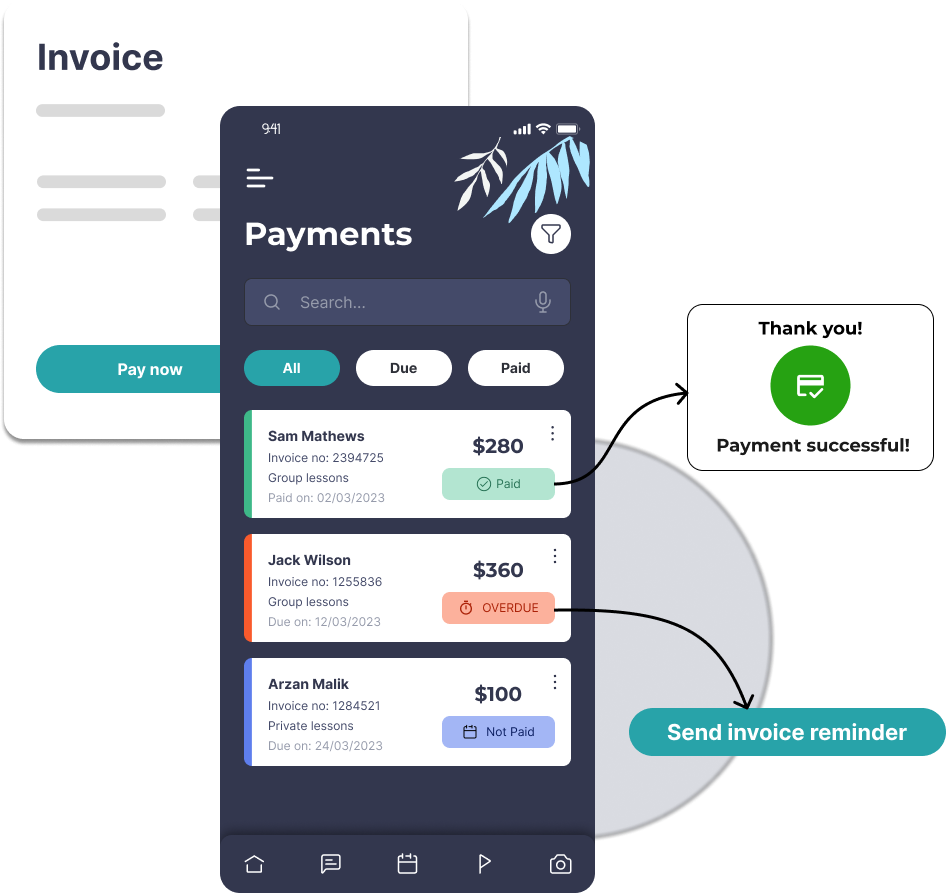 Payments - Streamline your workflow with Outcoach's payments module. Generate invoices in seconds, receive instantaneous payments, track who's paid and send invoice reminders all from the palm of your hand!