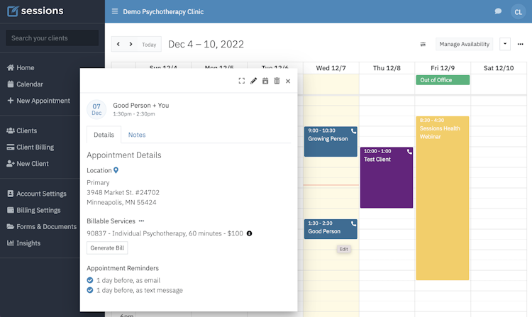 Sessions Health screenshot: Scheduling with Sessions Health