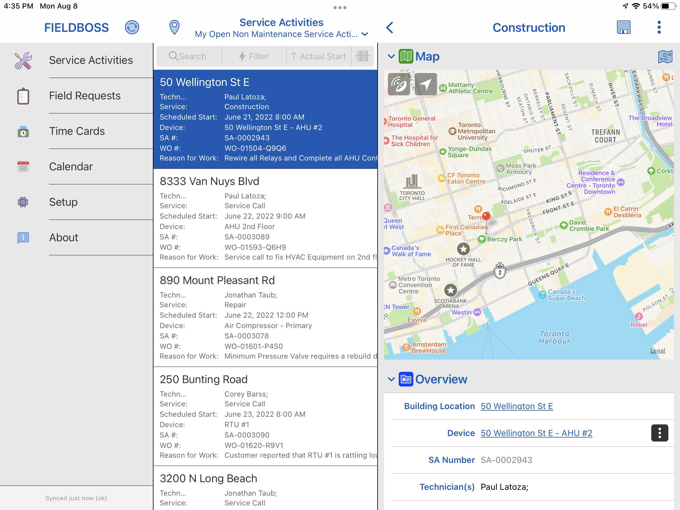 Service activity with map view on tablet