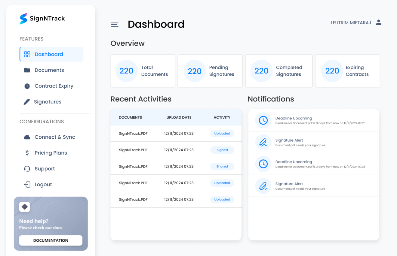 SignNTrack screenshot: SignNTrack Dashboard – A streamlined interface for tracking digital signatures, contracts, and notifications in real time. Easily manage documents, monitor progress, and stay updated on pending actions.