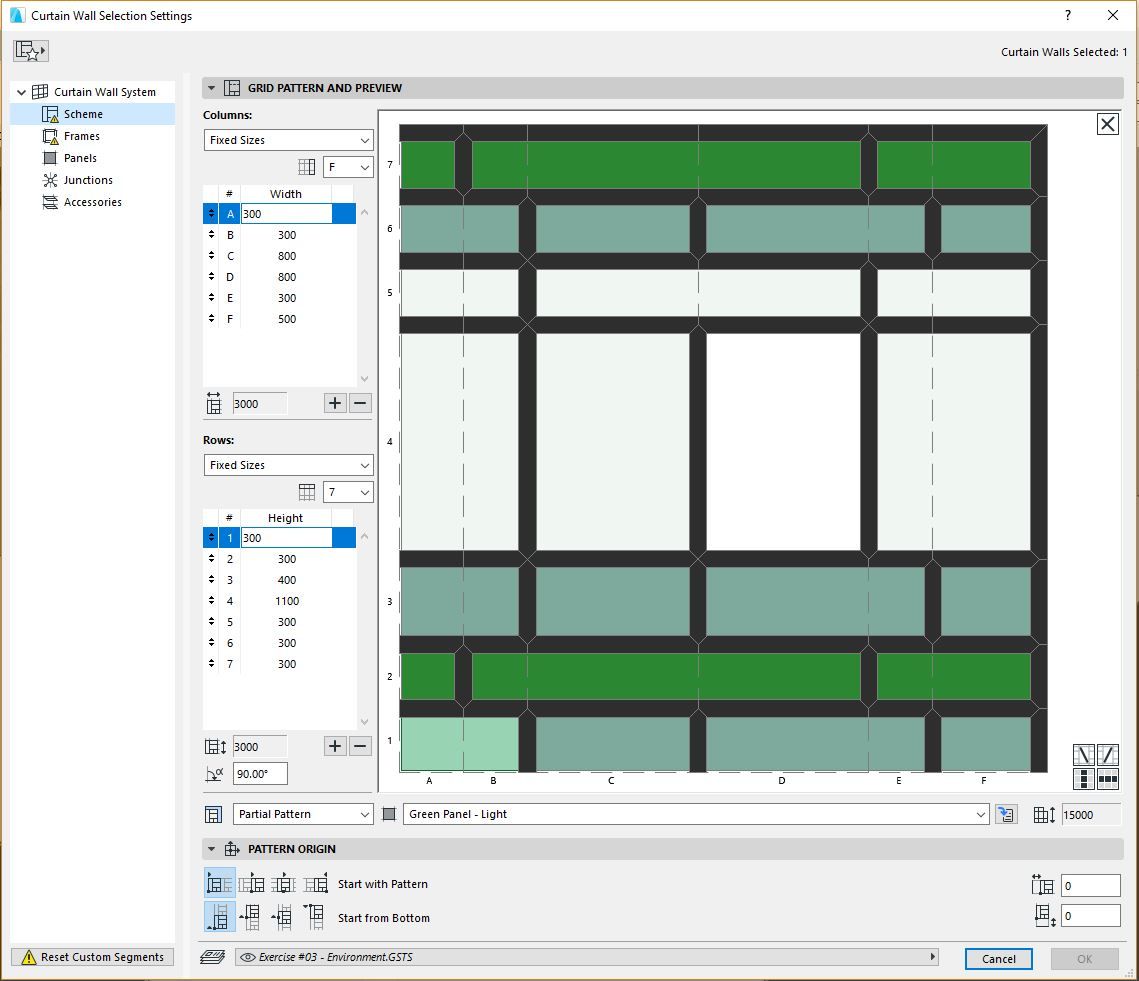 Curtain Wall Tool Settings in Archicad
