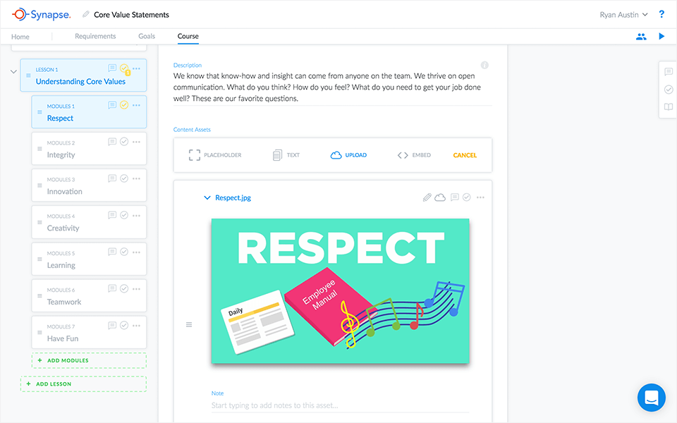 Courses can include text, images, gifs, video, audio, and other content