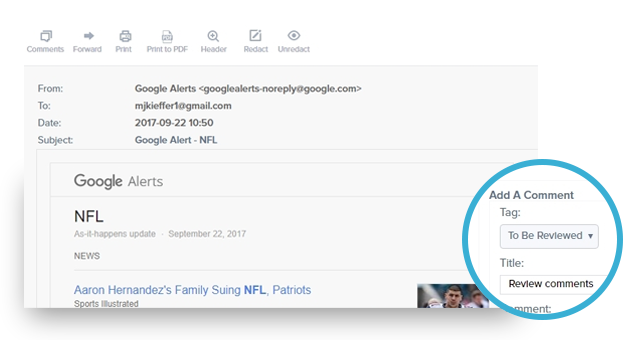 Email Archiving screenshot: Email Archiving adding a comment