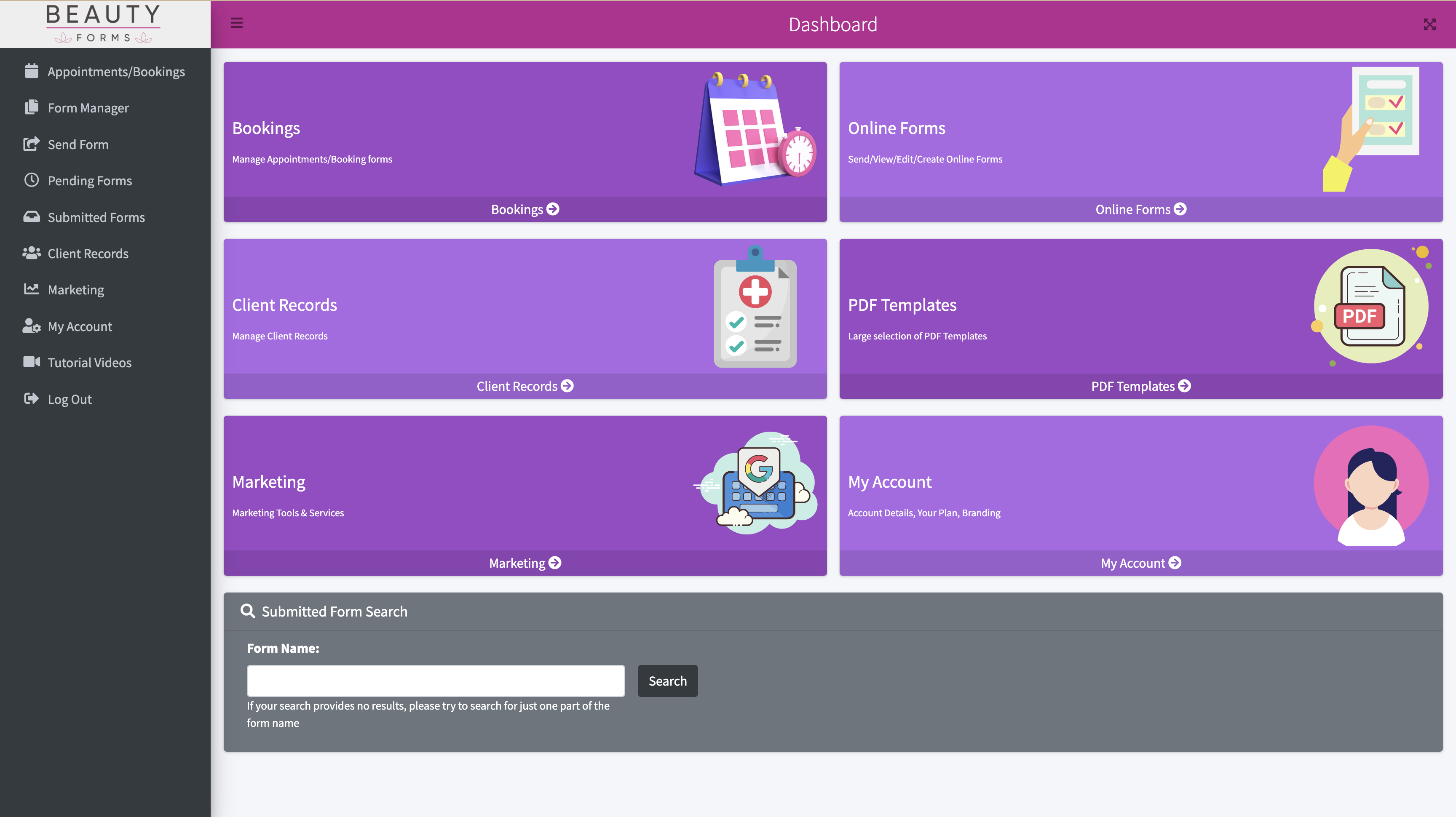 Beauty Forms screenshot: Beauty Forms dashboard