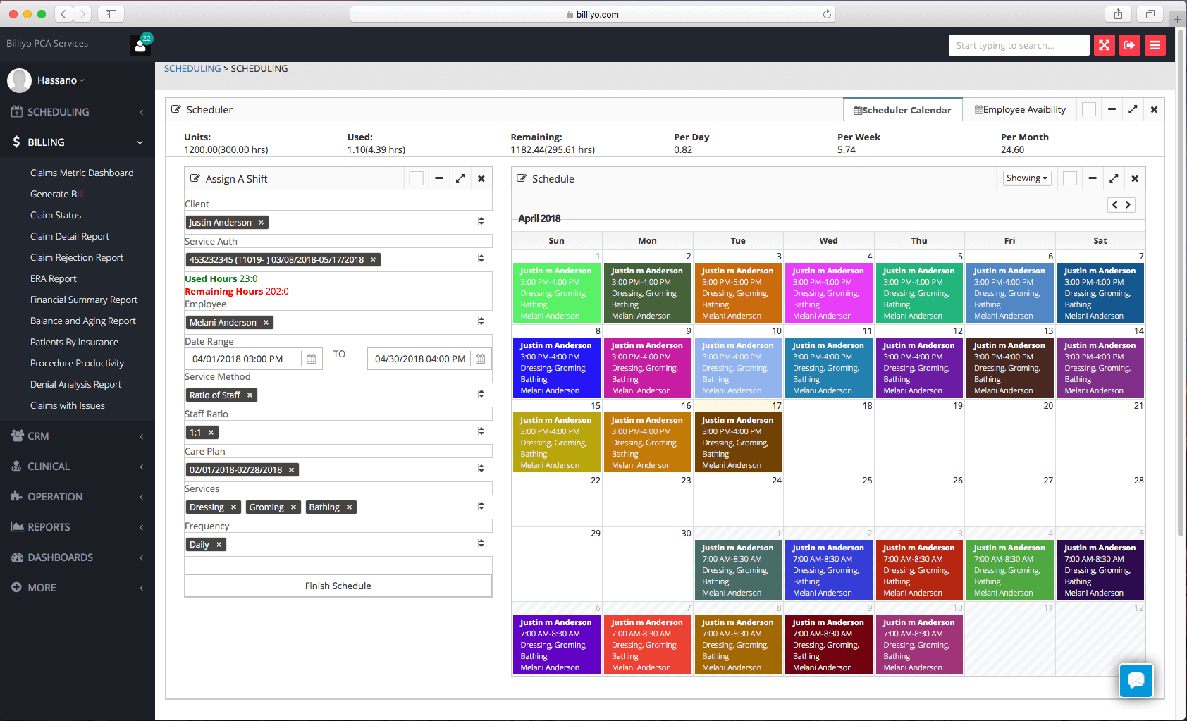 Billiyo Scheduling page for Home Care