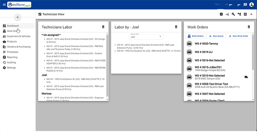 AutoFluent Software - Technician Customizable Dashboard