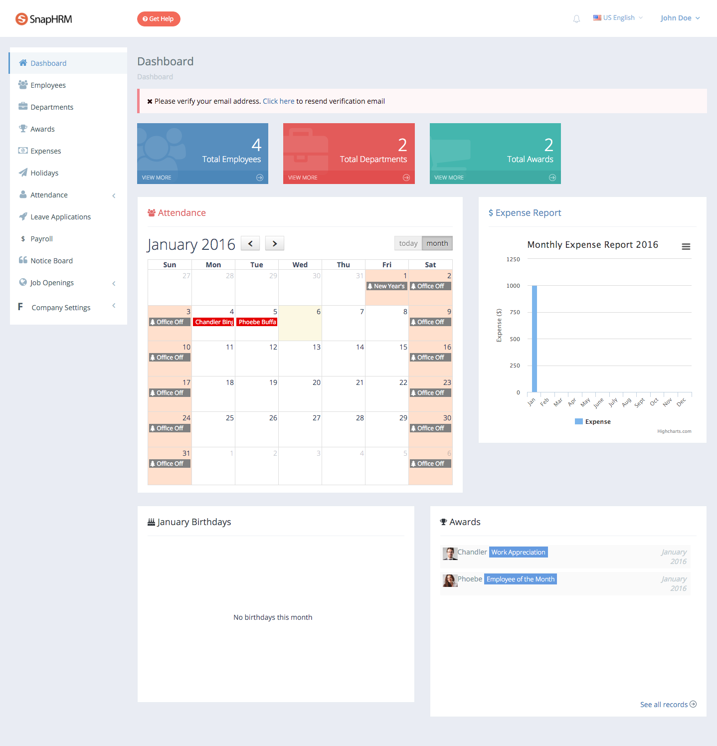 SnapHRM Software - Dashboard