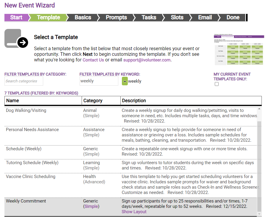 ivolunteer.com screenshot: New event wizard.