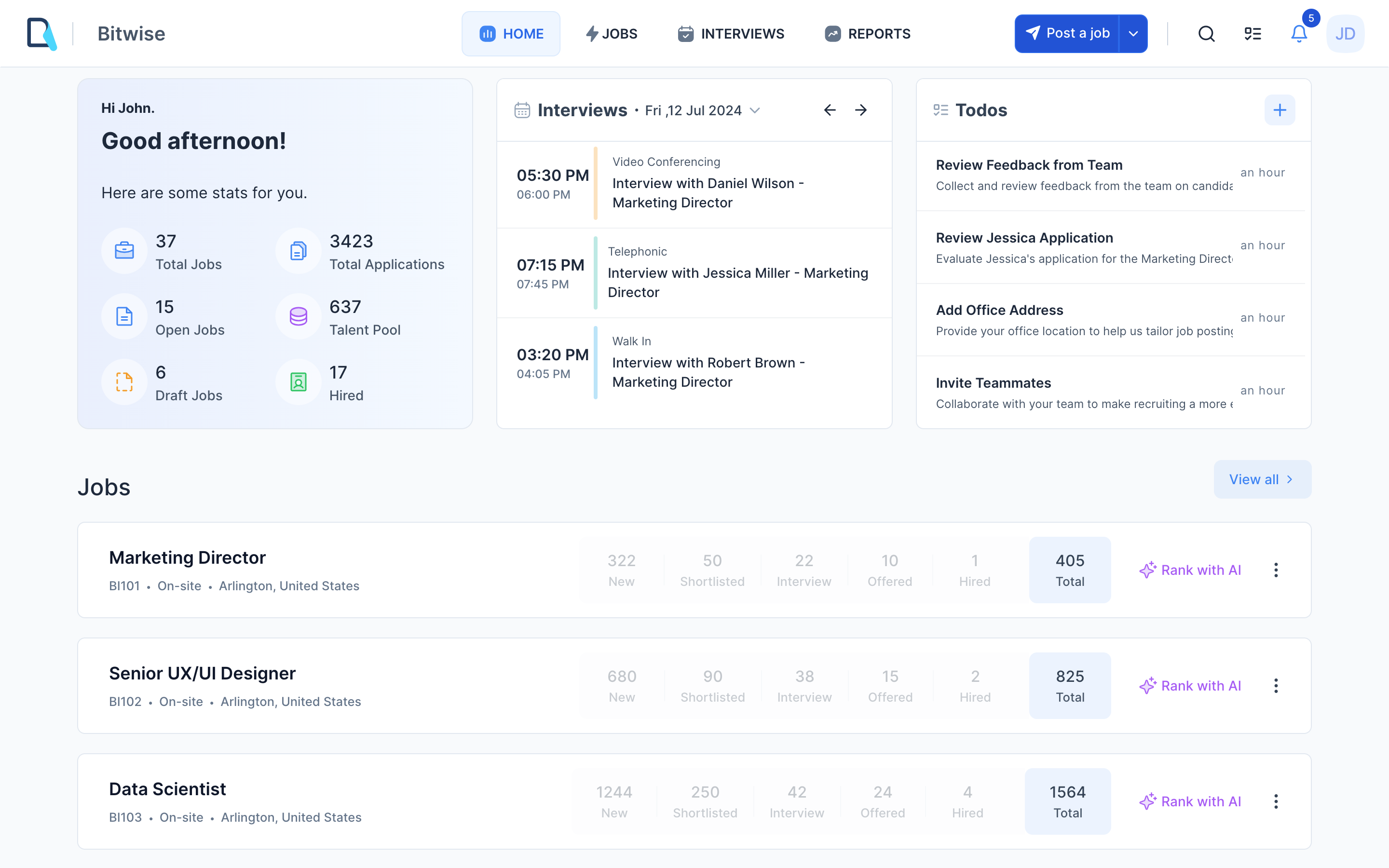 Recooty screenshot: Recooty's Dashboard: See all your hiring metrics at a glance.