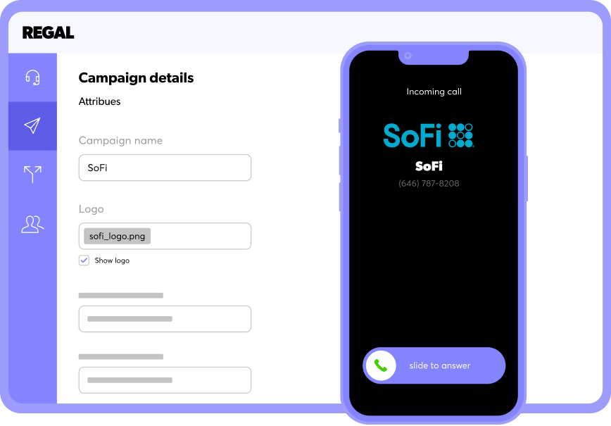 Regal screenshot: Branded Caller ID. Drive higher connect rates. Remove spam labels, brand your outbound calls, and get carrier-level performance data for all 400M cell phones in the US.