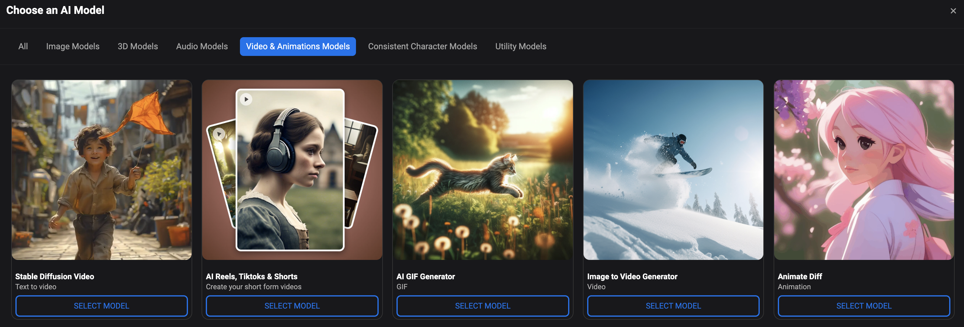 AI Video Generator screenshot: AI Video Generator animation models