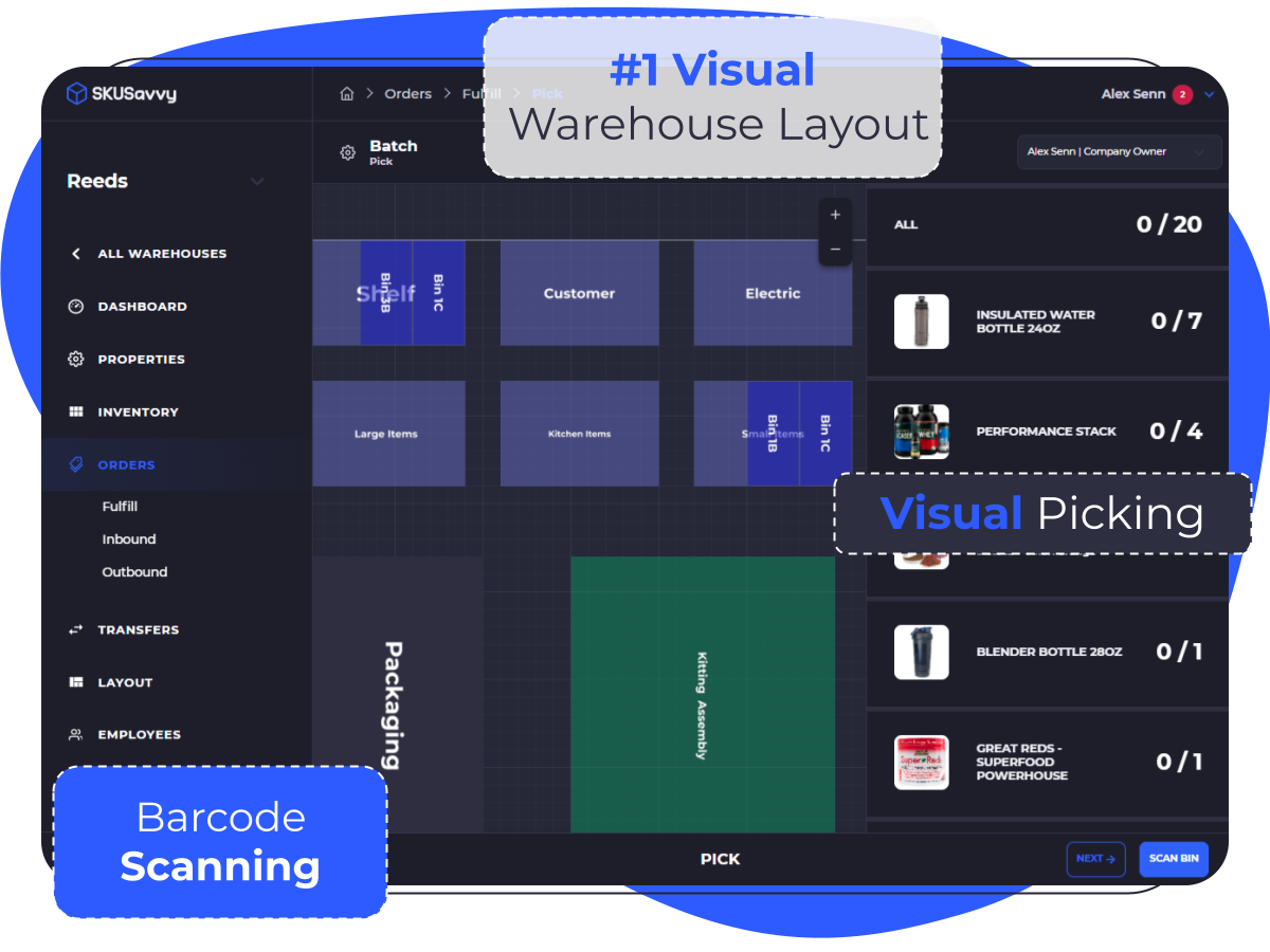 SKUSavvy Mobile WMS screenshot: The only visual WMS that works on any device to save hours in the day usually spent hunting for items. The visual warehouse solves this and makes it easy for new staff to become activated