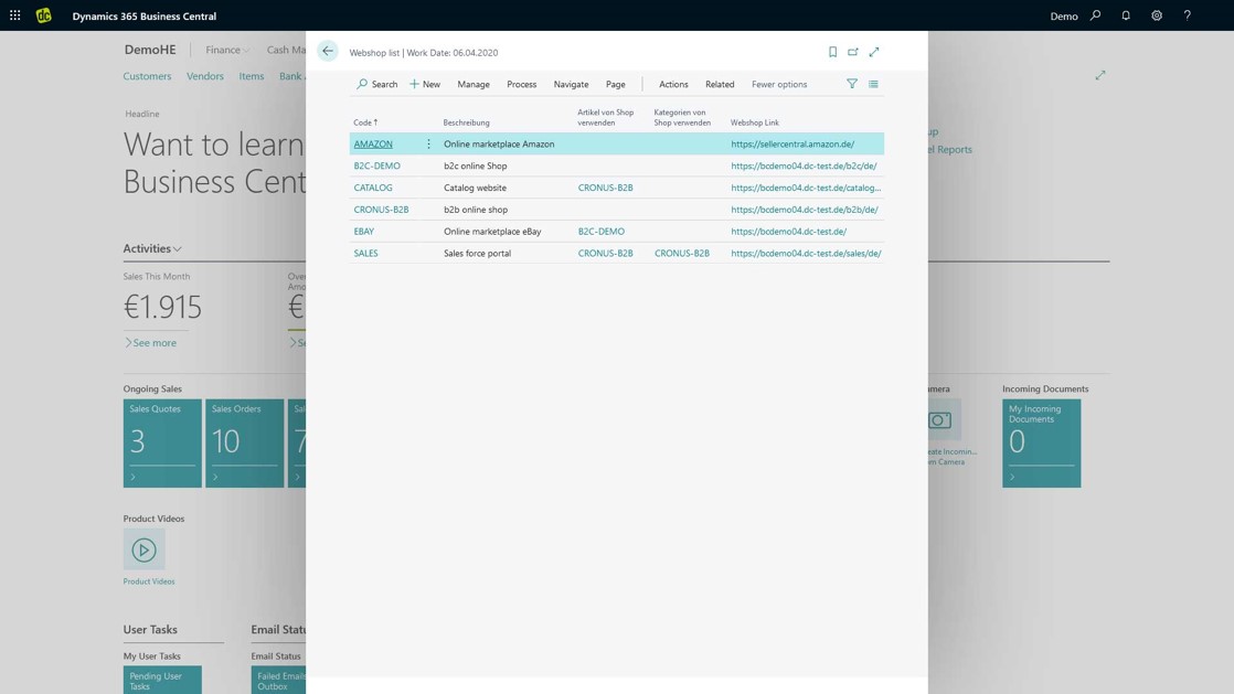 dynamic commerce screenshot: Mange any number of channels you want: b2b and b2c online shops or marketplaces like amazon directly Microsoft Dynamics