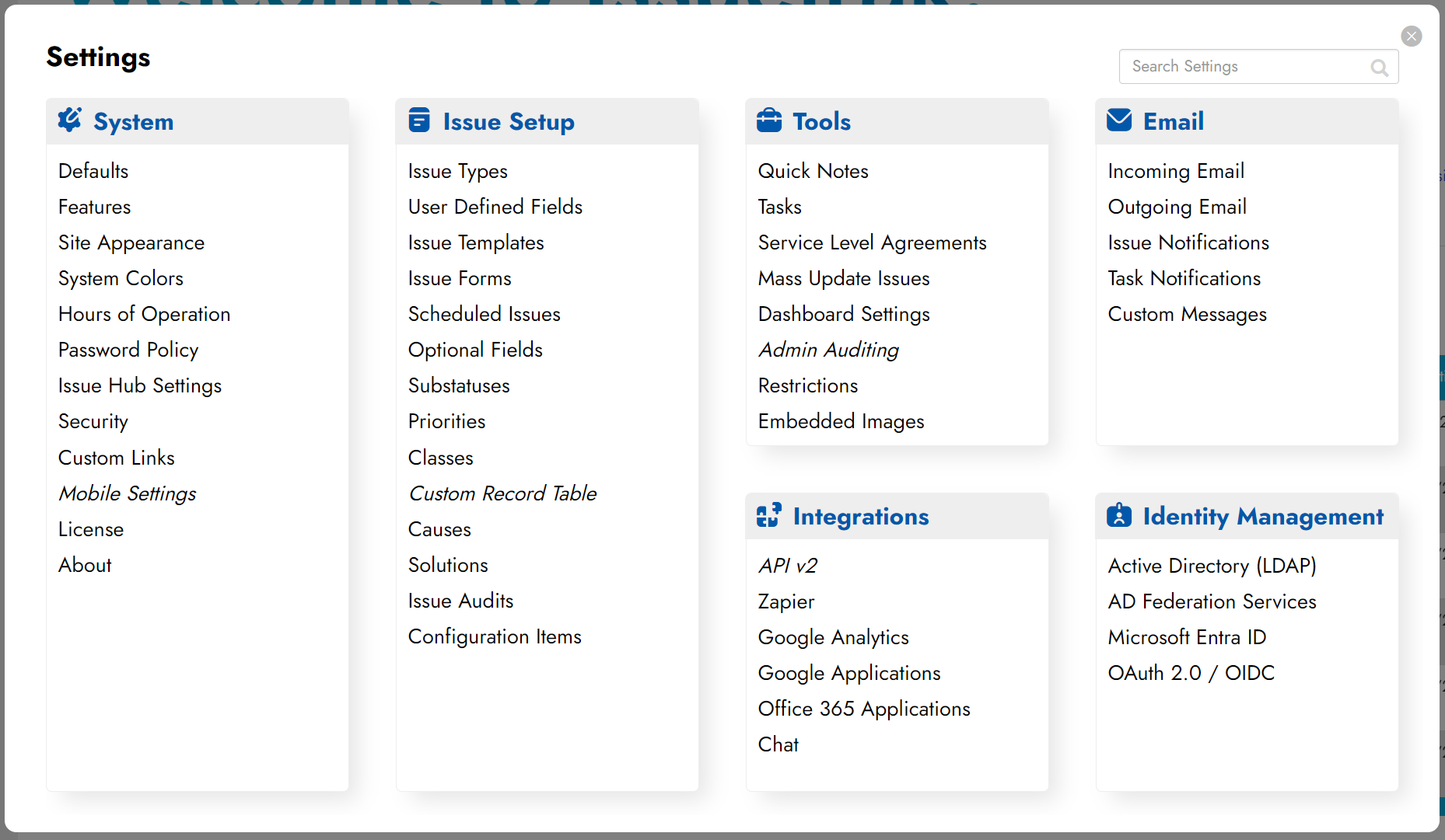 Issuetrak Software - Settings Menu