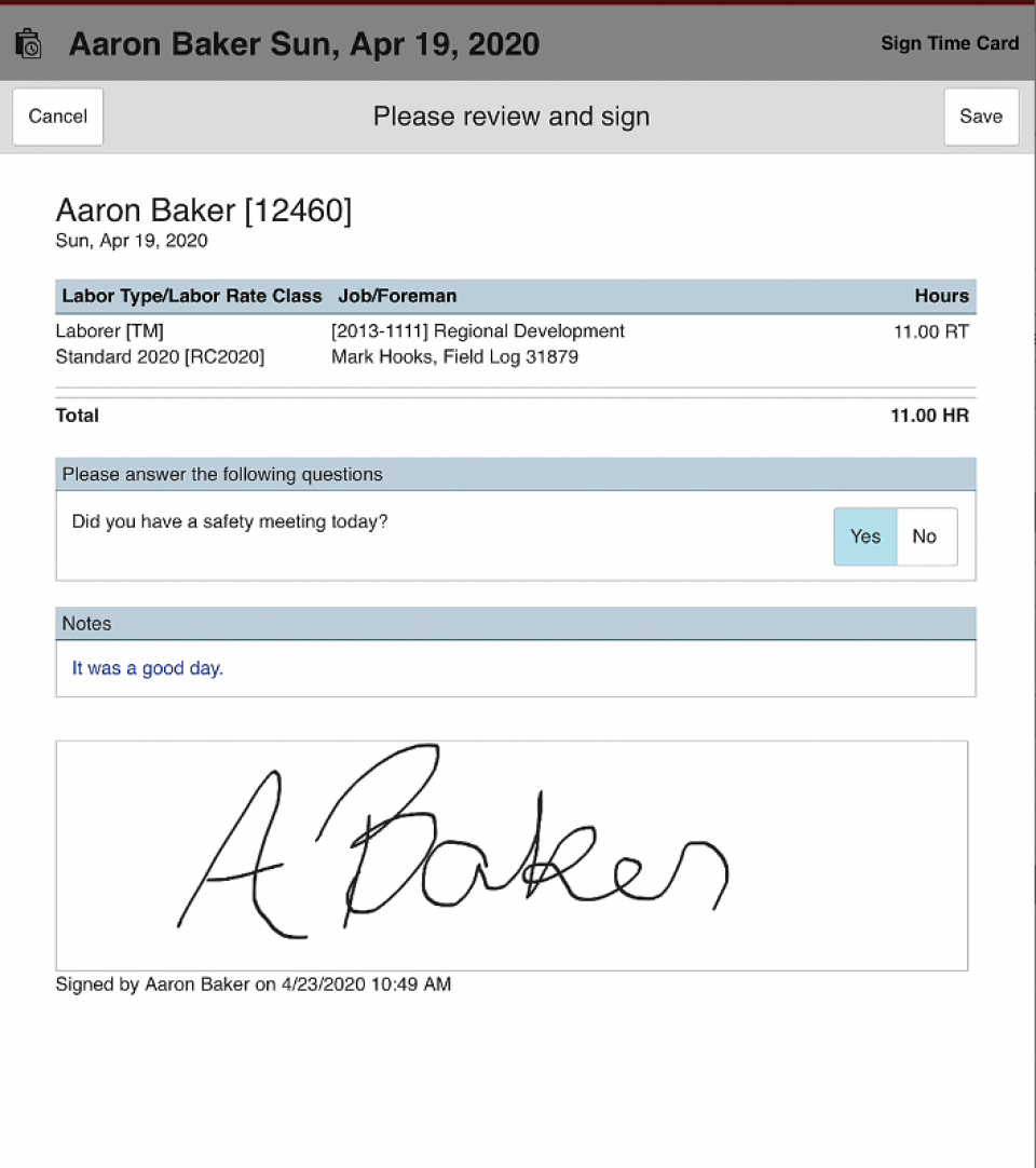 B2W Track Software - B2W Track timecard signature