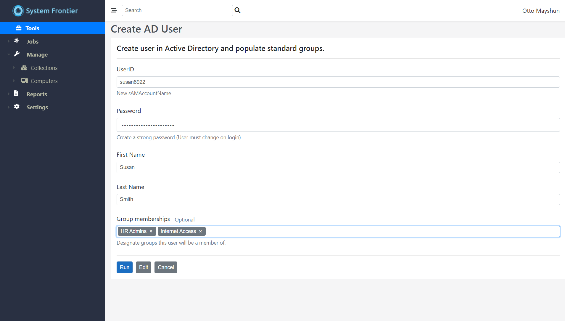 System Frontier Software - Example Custom Tool GUI, dynamically built using PowerShell, Python or any other scripting language.