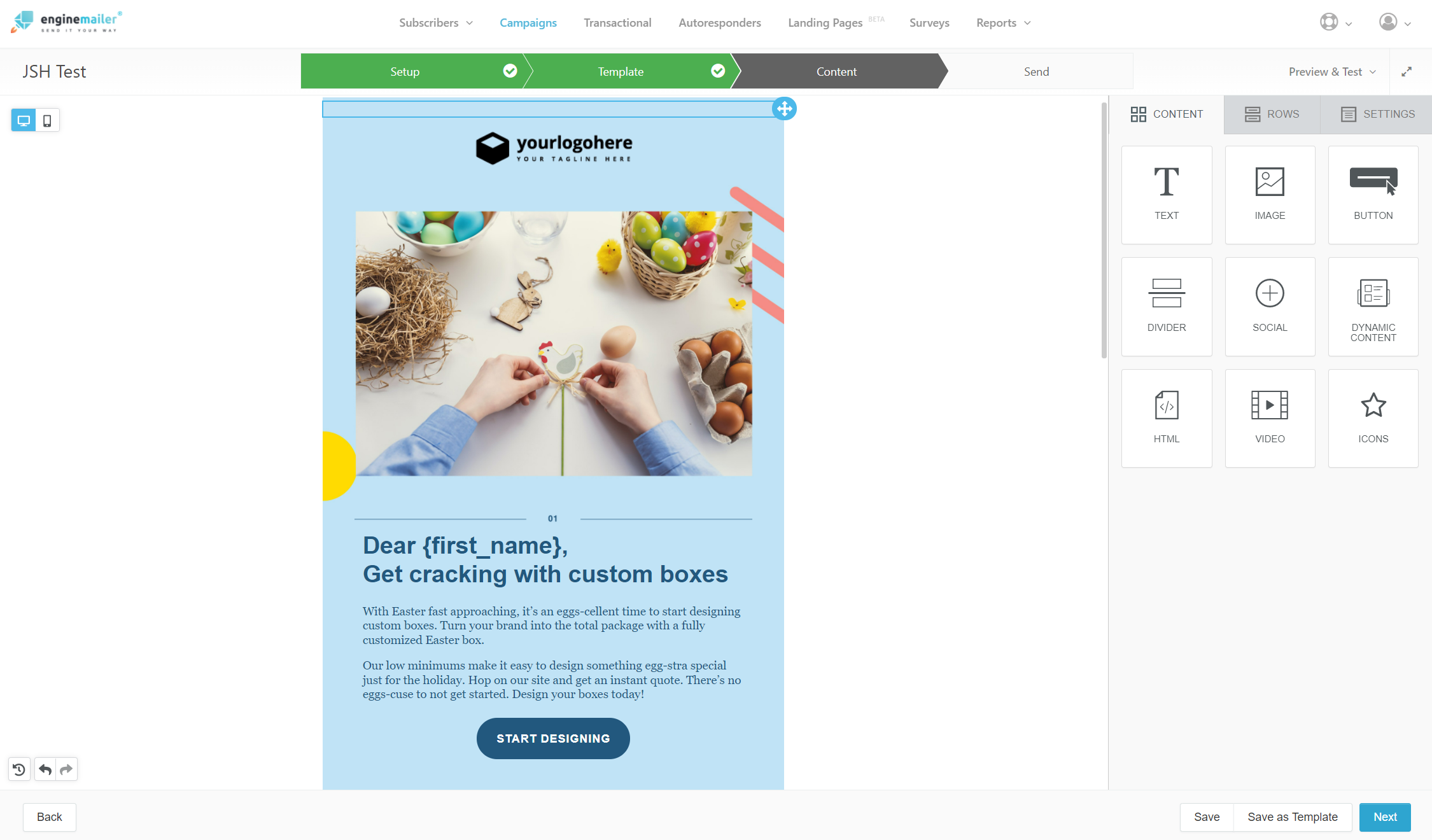 Easily create newsletters using Enginemailer's responsive drag-and-drop editor