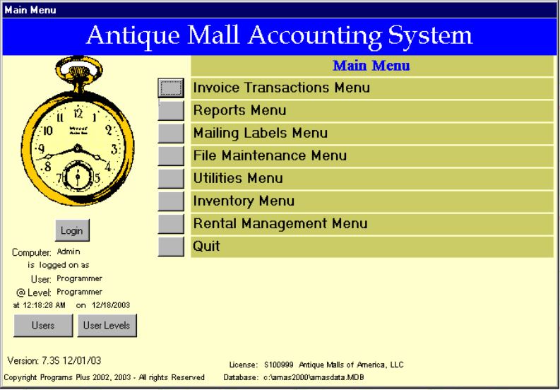 Antique Mall Accounting System main menu