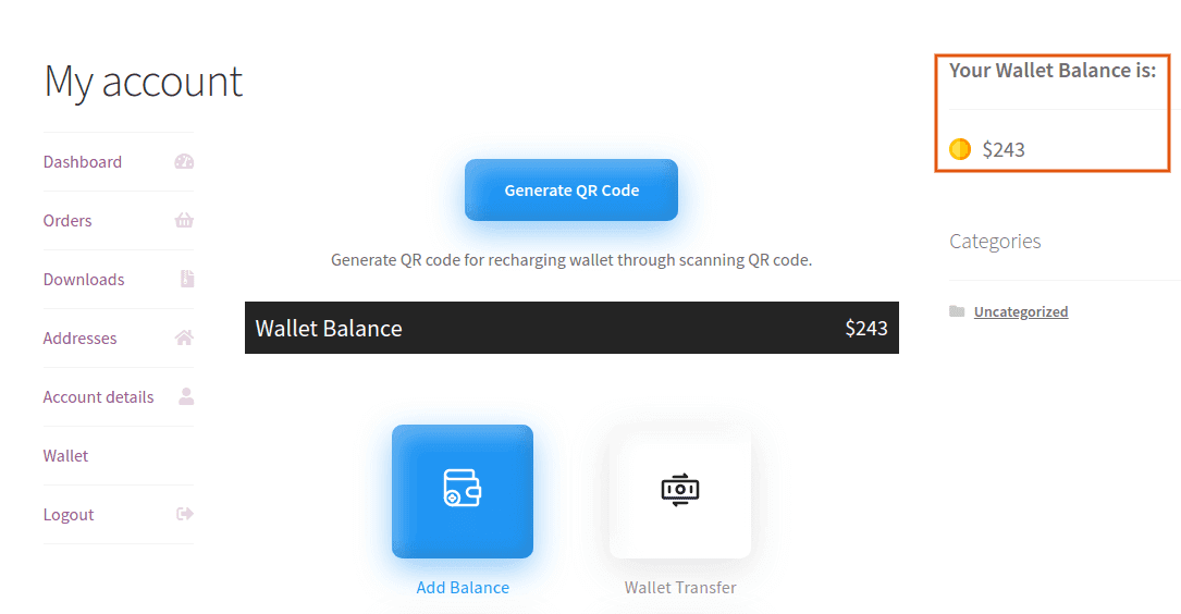 Show customers their wallet amount in a widget upon login
