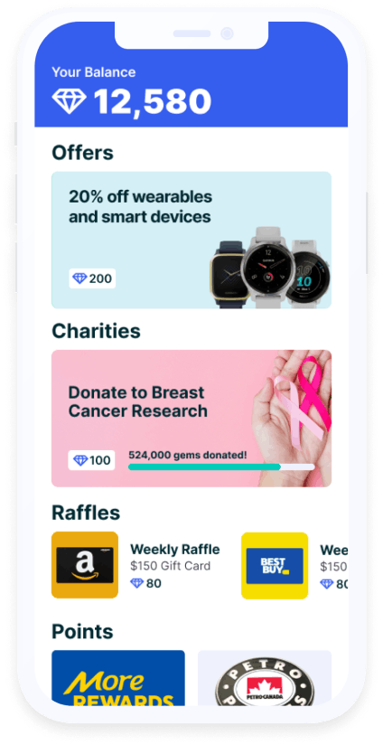 Optimity app users can earn rewards (gems) that unlock offers and discounts to some of the world's leading brands.
