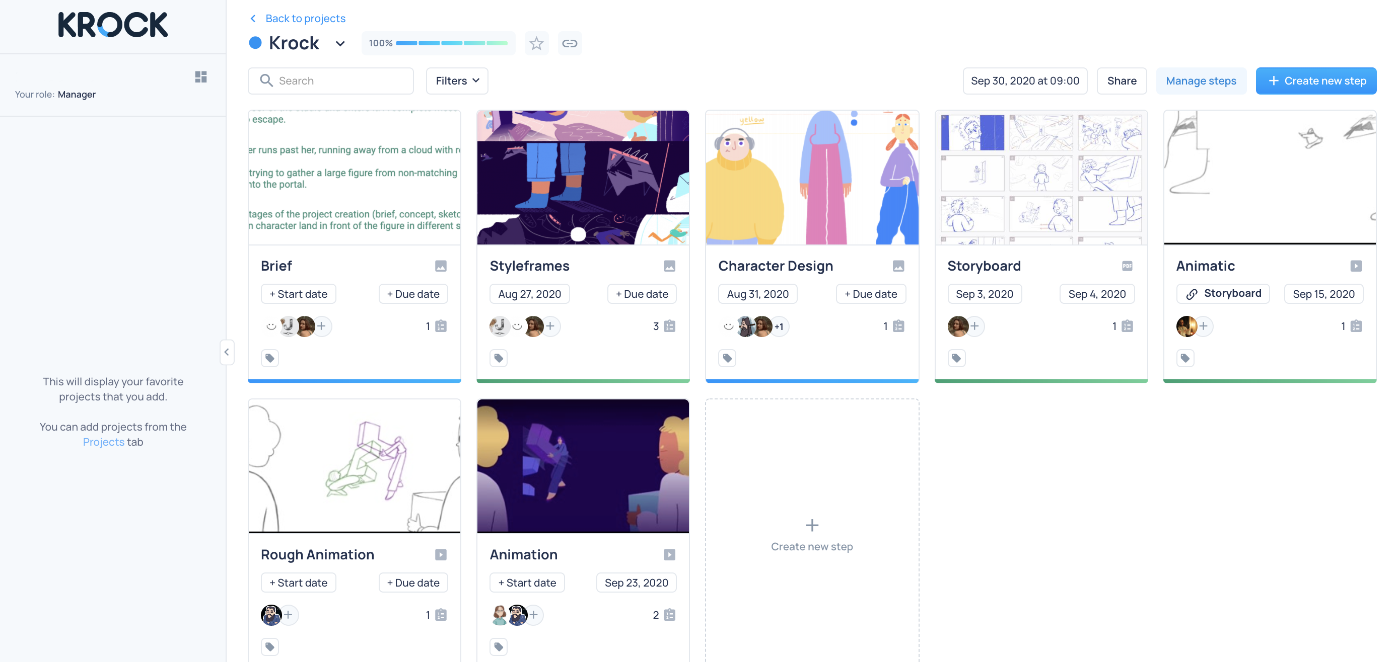 Project Overview - custom pipeline that consists of the steps, created according to your projects´ needs. Various step types include: Brief, Image, Video and Storyboard