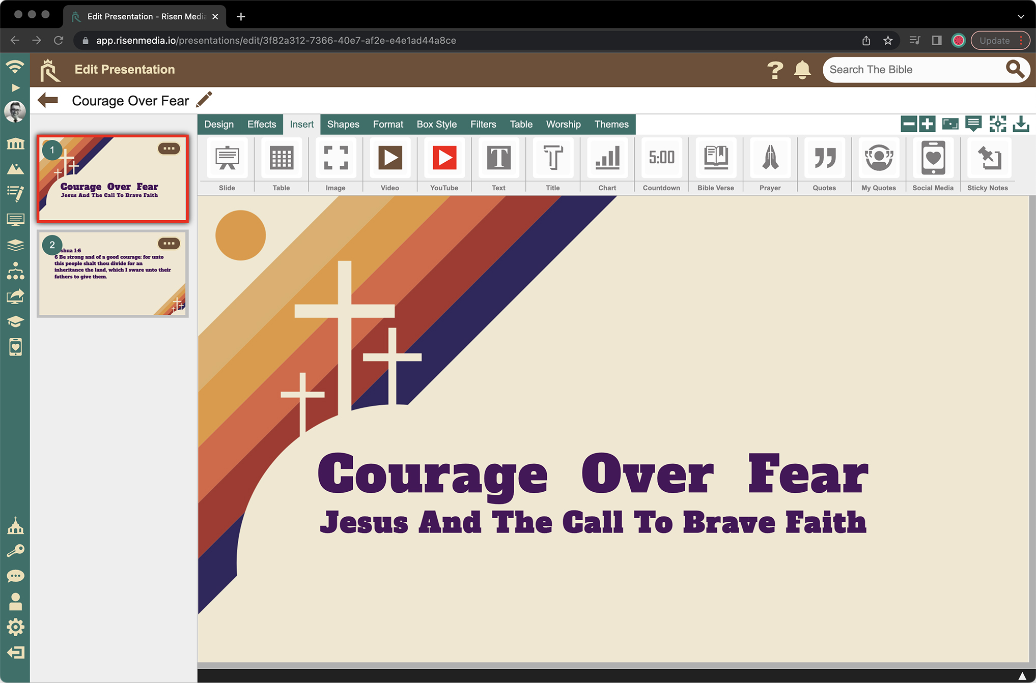 Risen Media screenshot: Risen Media's easy to use design studio has a large array of easy-to-use tools but does not compromise on features that will give your presentations a robust appearance.