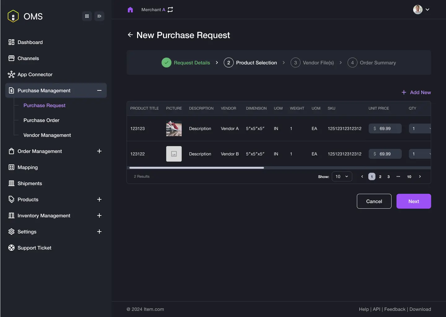 Item OMS screenshot: New Purchase Request Page