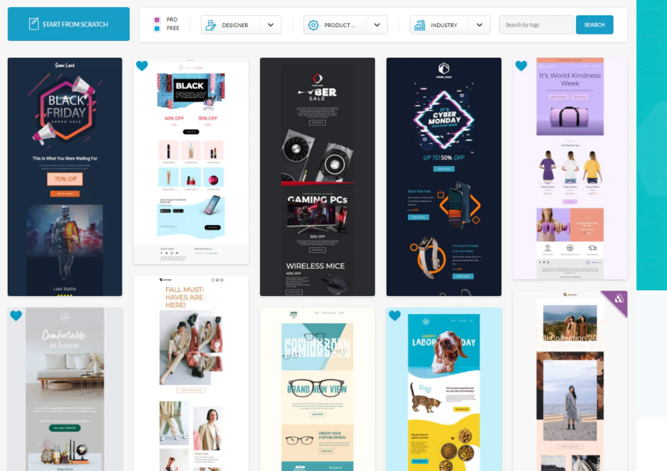 Start designing from scratch or from ~700 professionally produced email and landing page templates.